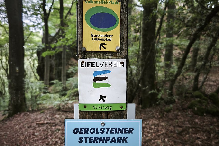 Wegweiser mit drei Schildern an einem Holzpfosten im Wald, oben gelbes Schild mit grünem Kreis und Text 'Vulkaneifel-Pfade Gerolsteiner Felsenpfad' mit Pfeil nach links, mittleres weißes Schild mit buntem 'E' und Text 'EIFELVEREIN Vulkanweg' mit Pfeil nach oben, unten blaues Schild mit rotem Stern, schwarzem Löwen und Text 'GEROLSTEINER STERNPARK ROUTE' mit Pfeil nach links